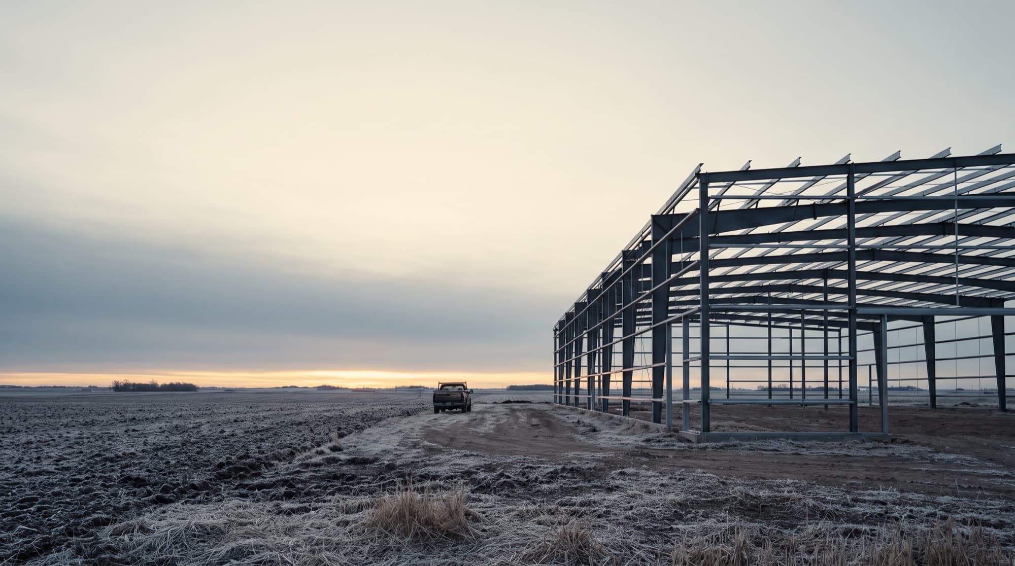 A steel-framed building under construction at dawn on open farmland