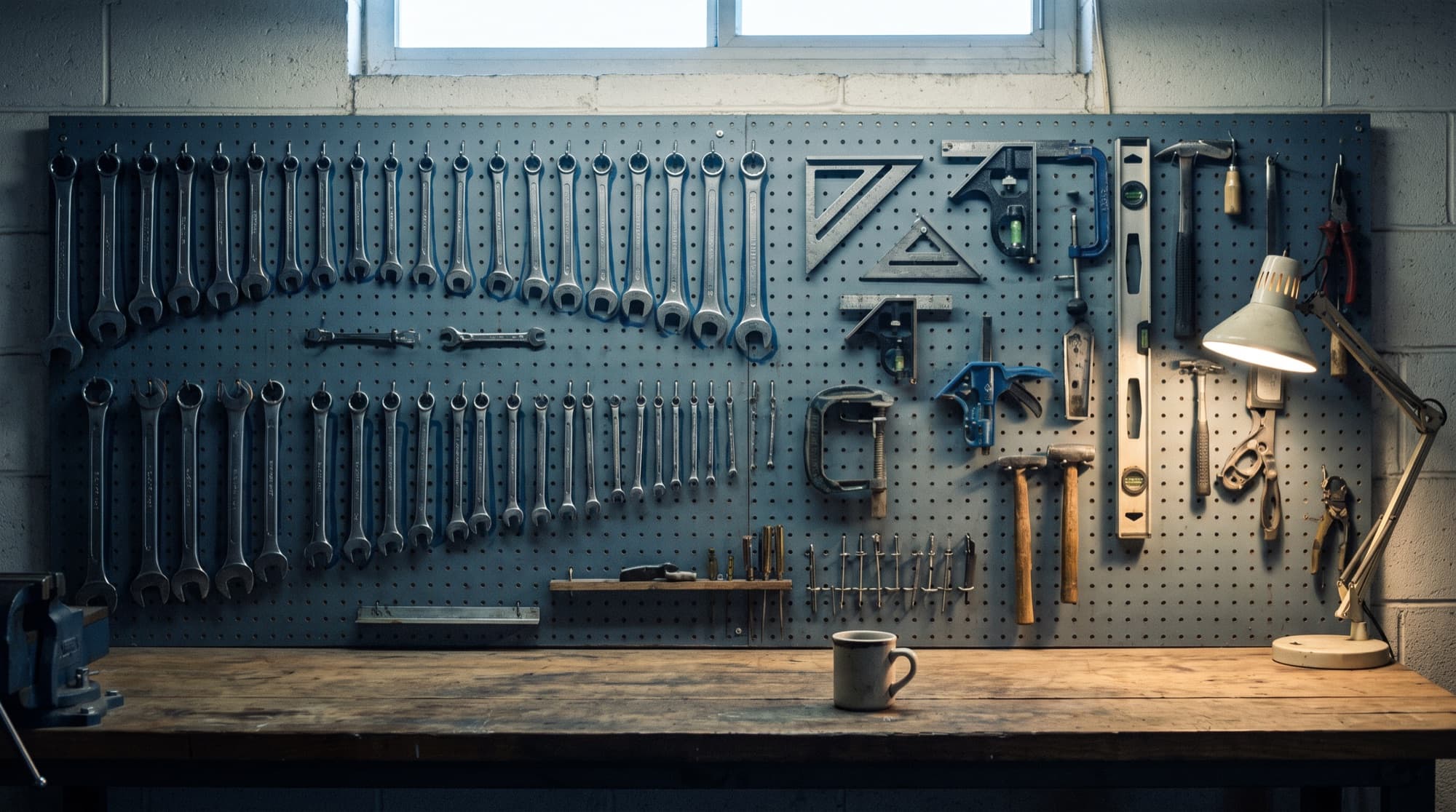 A shop tool wall with every tool hung in its painted outline