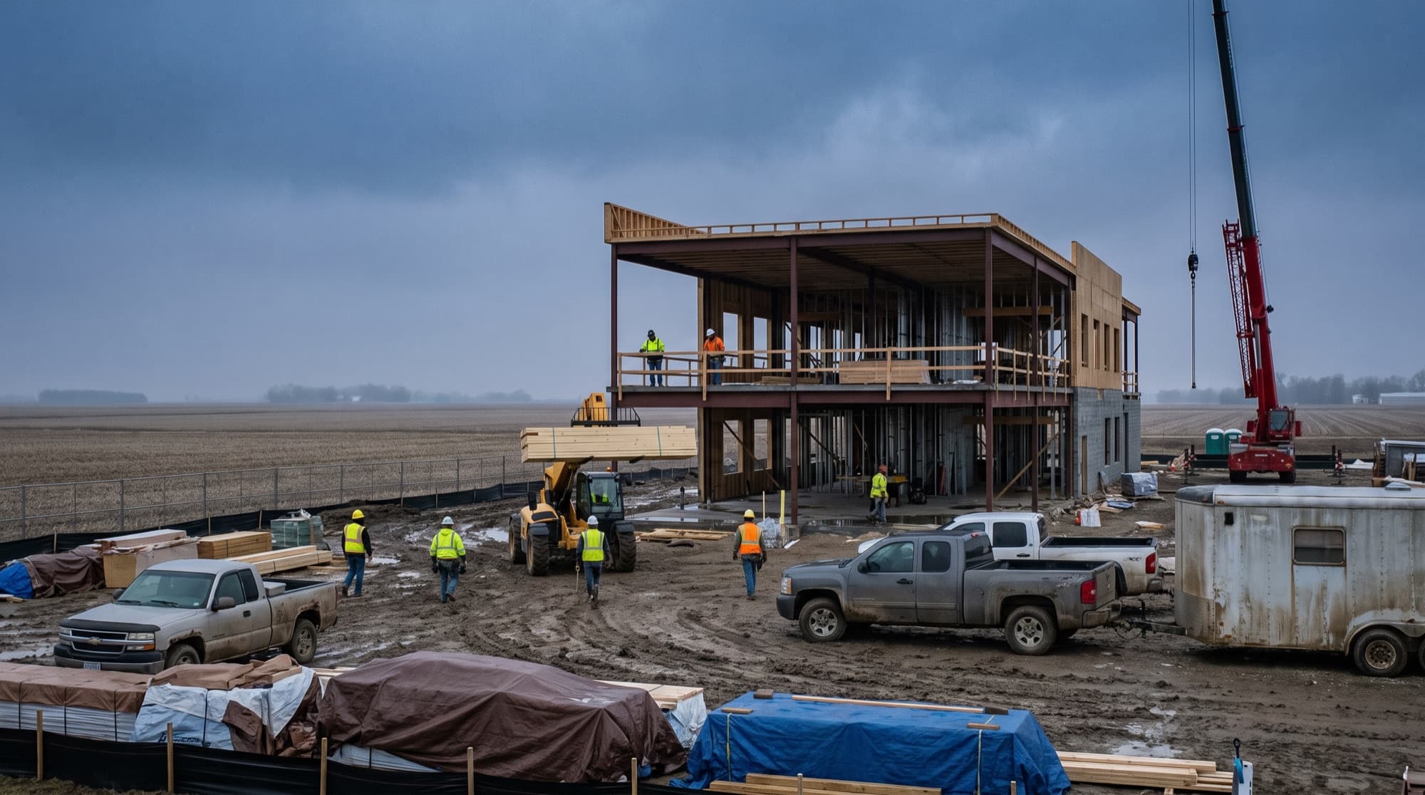 A two-storey commercial building going up on a muddy Midwestern site, the crew on the deck and a crane behind
