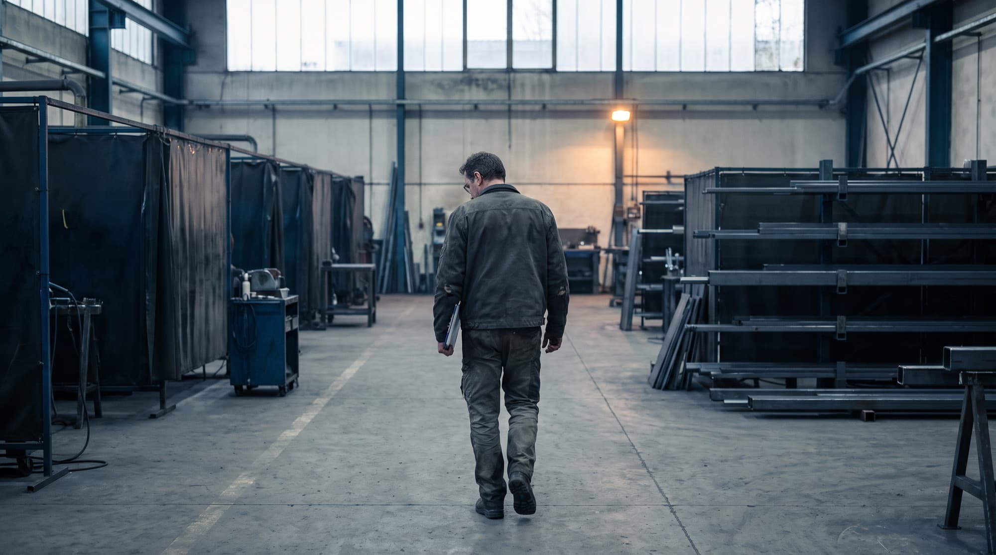 A man walking the aisle of a metal fabrication shop with a clipboard